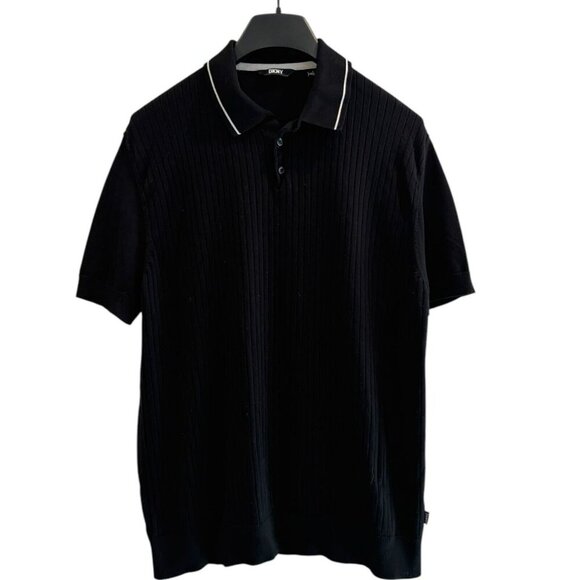 DKNY Men’s Black‎ Ribbed Polo Shirt Short Sleeve Knit Size Large Minimalist Luxe - Picture 1 of 5
